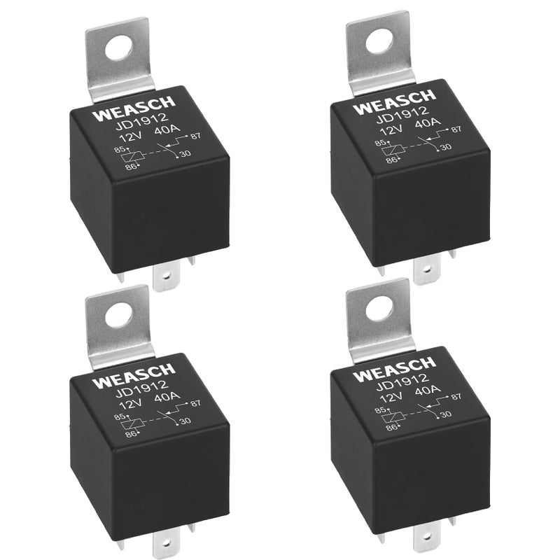 Weasch 4 Pack JD1912 Car Relay 12V 40A 4 Pins SPST Automotive Switches and Starters Waterproof Relay for Boat Tractor Truck Motorcycle 4
